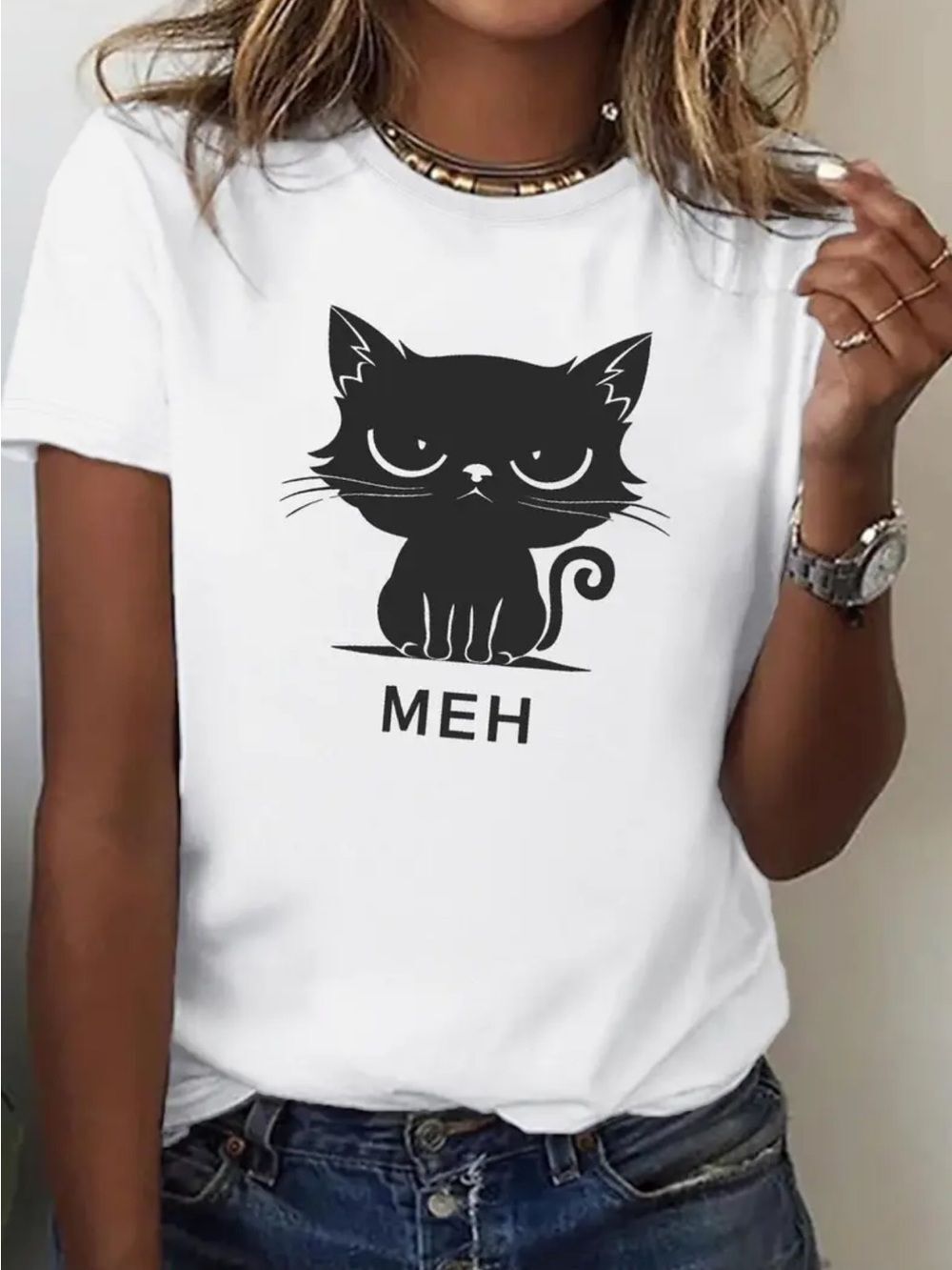 White Cat 'MEH' Graphic Tee and phone holder